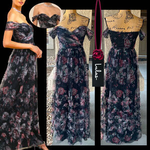 Lulus Black Floral Mesh Off-the-Shoulder Ideal Beauty Maxi Dress Size Small